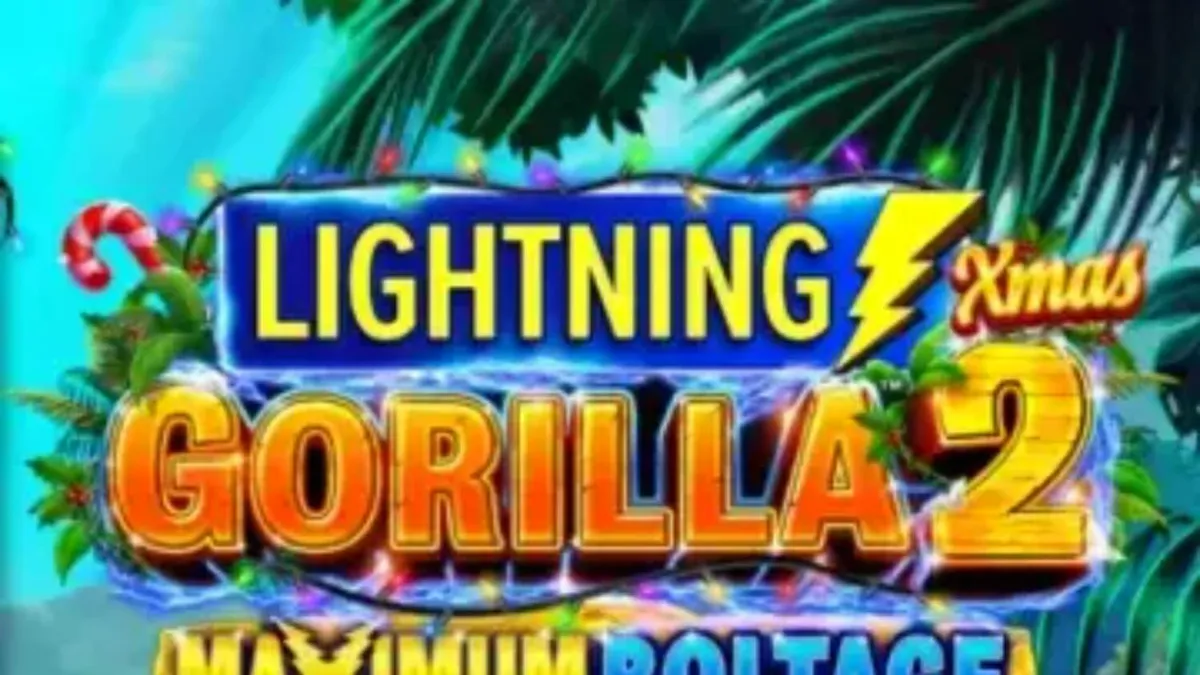 Tampilan visual meriah dari slot Lightning Gorilla 2 Xmas dengan tema hutan tropis dan dekorasi Natal.